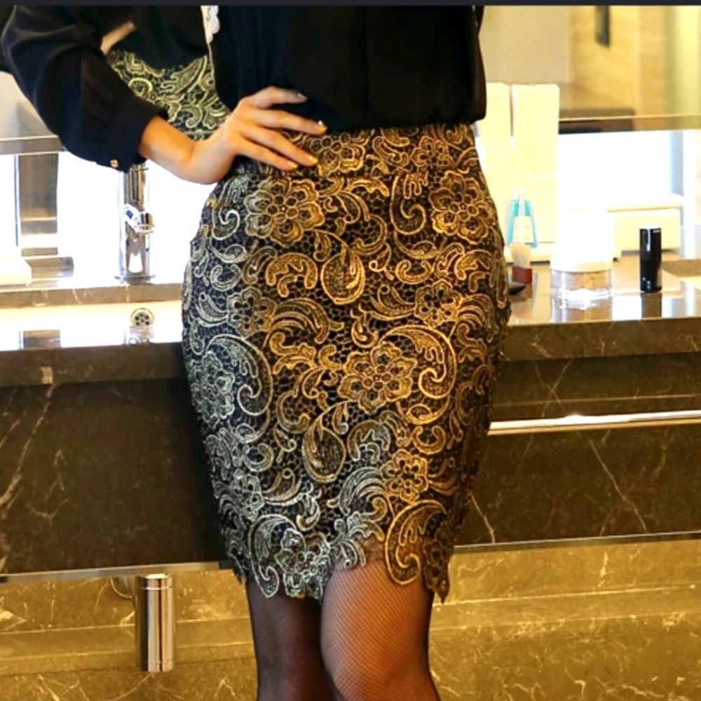 NWT Gold and black lace skirt